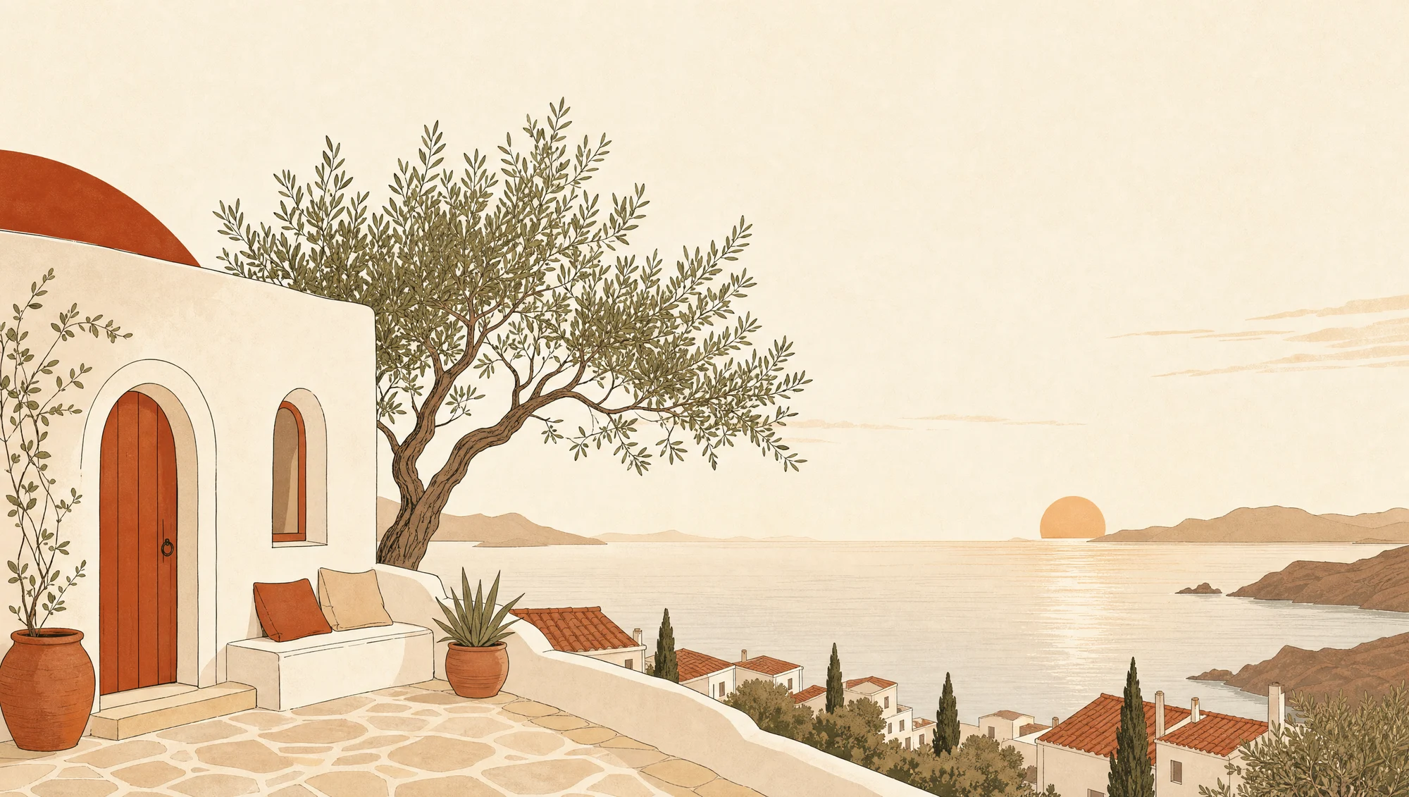 Illustration of a whitewashed Greek coastal house with an arched doorway, an olive tree and the Aegean sea at golden hour